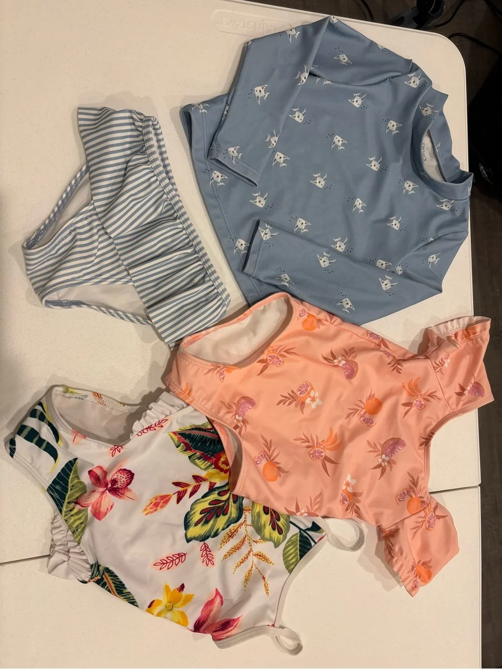 Carter’s 3T Girls Swim Suit Bundle - Floral, Peach & Blue. Ruffles Long Sleeve